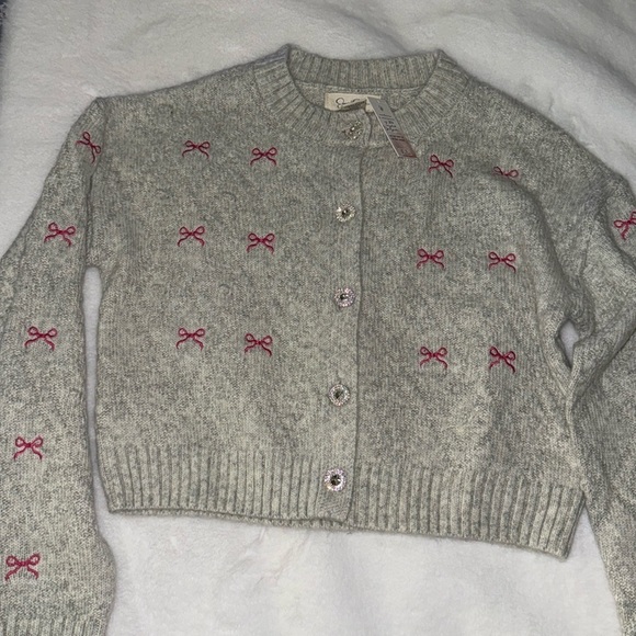 Jessica Simpson Sweaters - Jessica Simpson gray pink bow bling crystal button cardigan sweater 🎀🎀🎀 💎💎